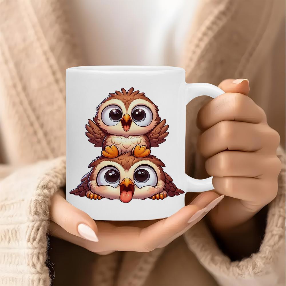 Tailorly White Ceramic 11 oz Mug - Two Cute Cartoon Birds Stacked Playfully Together With Large Expressive Eyes Owl