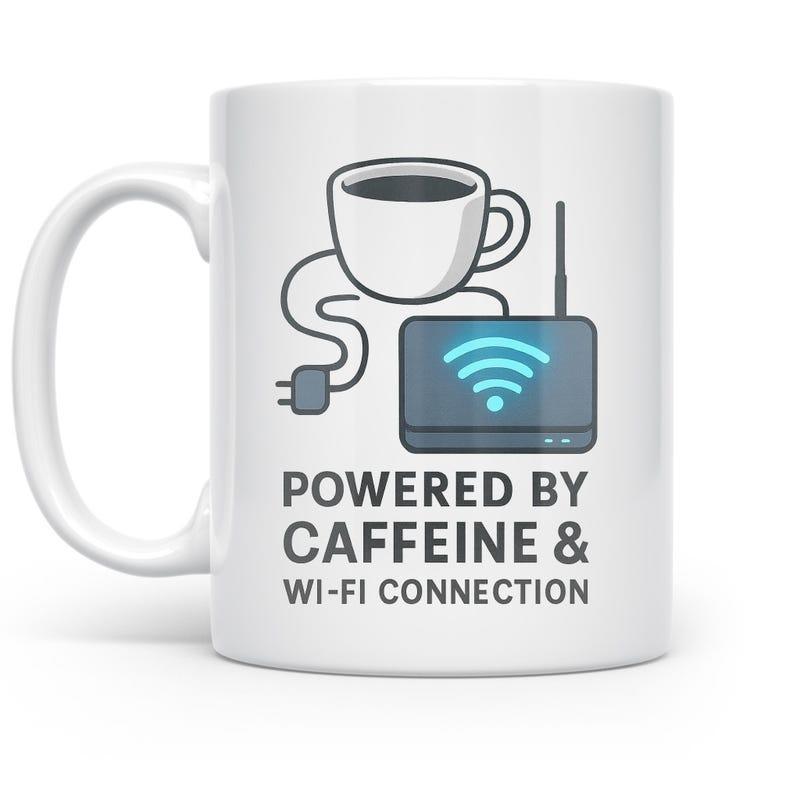 Tailorly White Ceramic 11 oz Mug - Powered By Caffeine Wi Fi Connection Illustrative Coffee Cup With Router And Glowing Signal Under Minimalist Style Mug