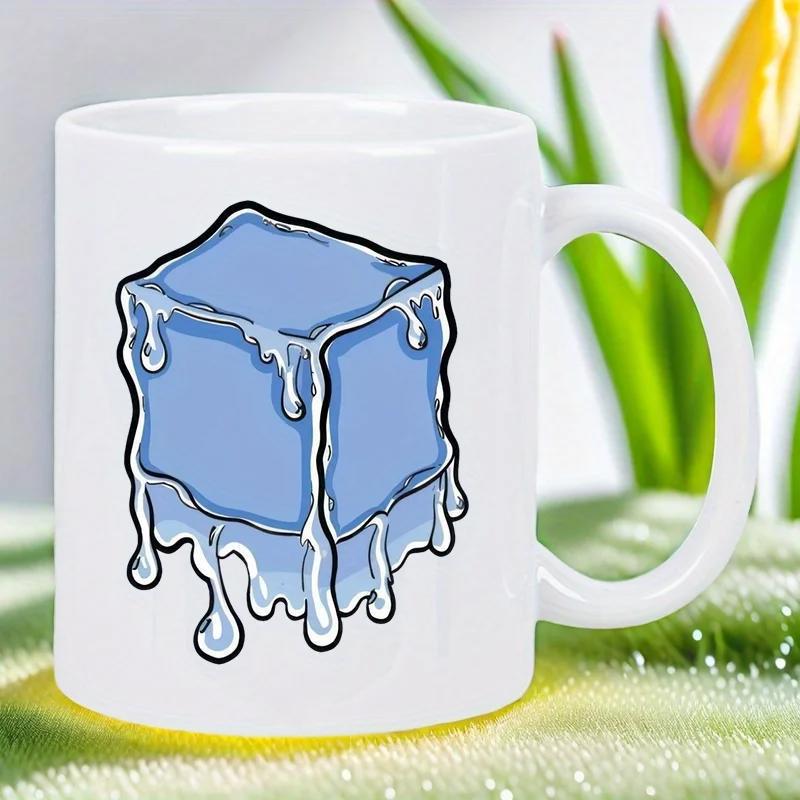 Tailorly White Ceramic 11 oz Mug - Melting Blue Frozen Water Droplets Dripping From A Solid Chilled Cube