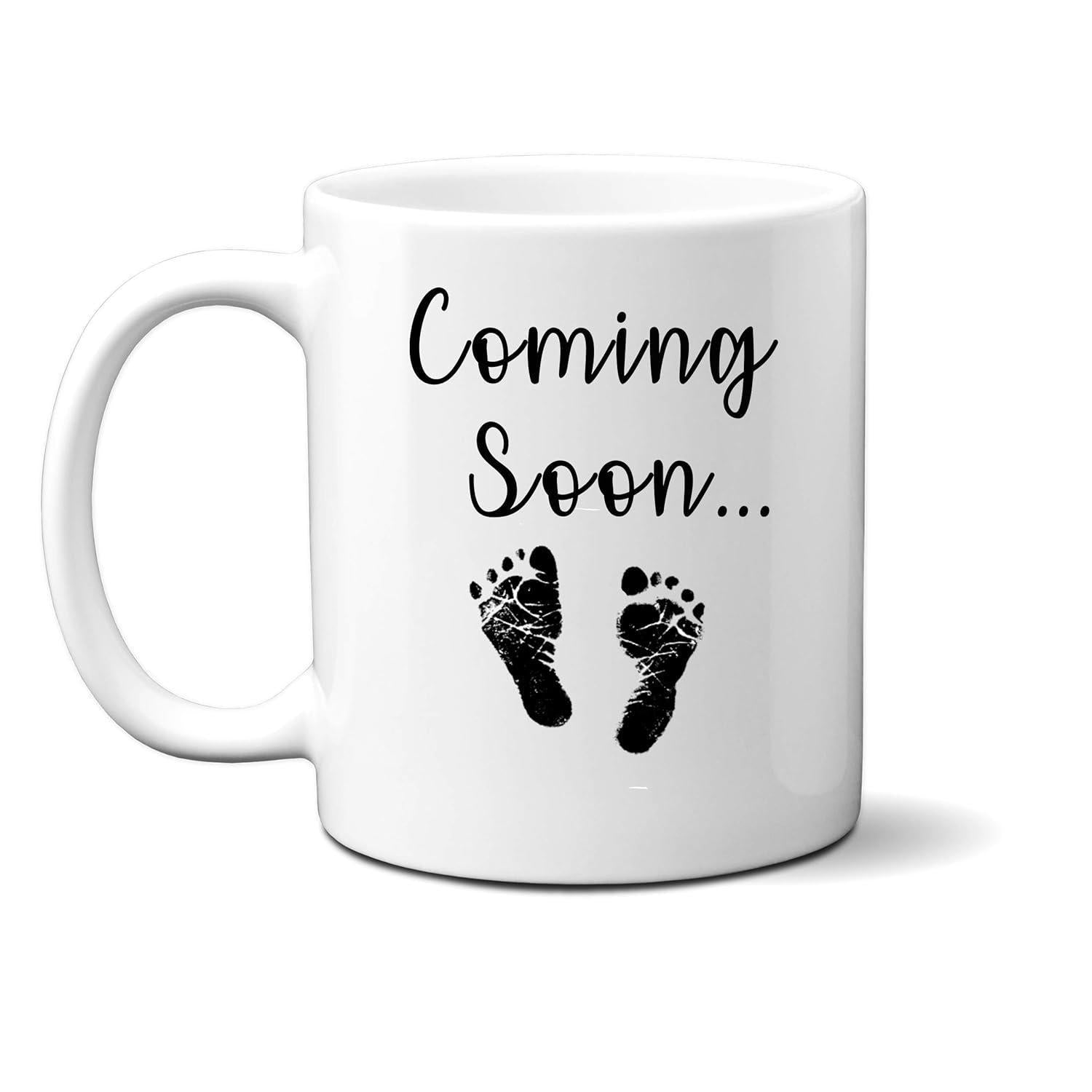 Tailorly White Ceramic 11 oz Mug - Coming Soon Two Small Detailed Black Baby Footprints Printed On A Plain Surface Footprints