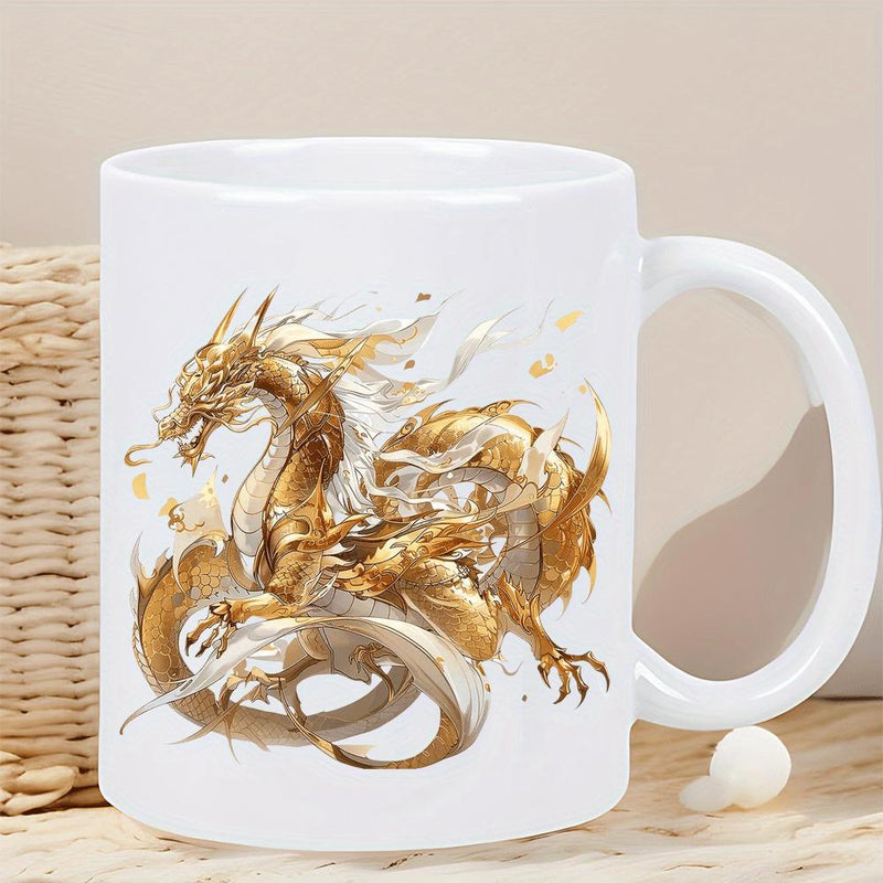 Tailorly White Ceramic 11 oz Mug - Majestic Golden Dragon With Shimmering Scales Swirling In Elegant Mythical Motion Dragon