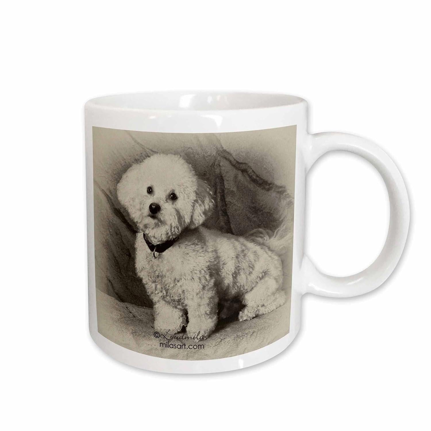 Tailorly White Ceramic 11 oz Mug - Hand Drawn Sketch Of A Fluffy White Bichon Frise Sitting Calmly Dog