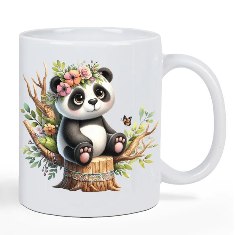 Tailorly White Ceramic 11 oz Mug - Adorable Baby Panda Wearing Flower Crown Sitting On A Rustic Tree Stump Panda