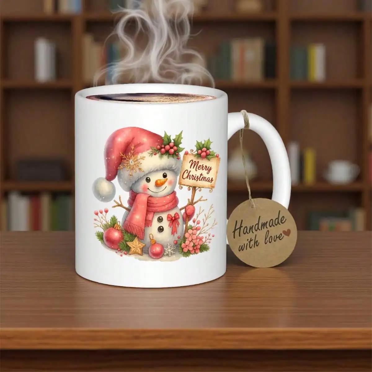 Tailorly White Ceramic 11 oz Mug - Merry Christmas Handmade With Love Charming Little Snowman Wearing Red Hat Standing Among Festive Holiday Decorations Snowman