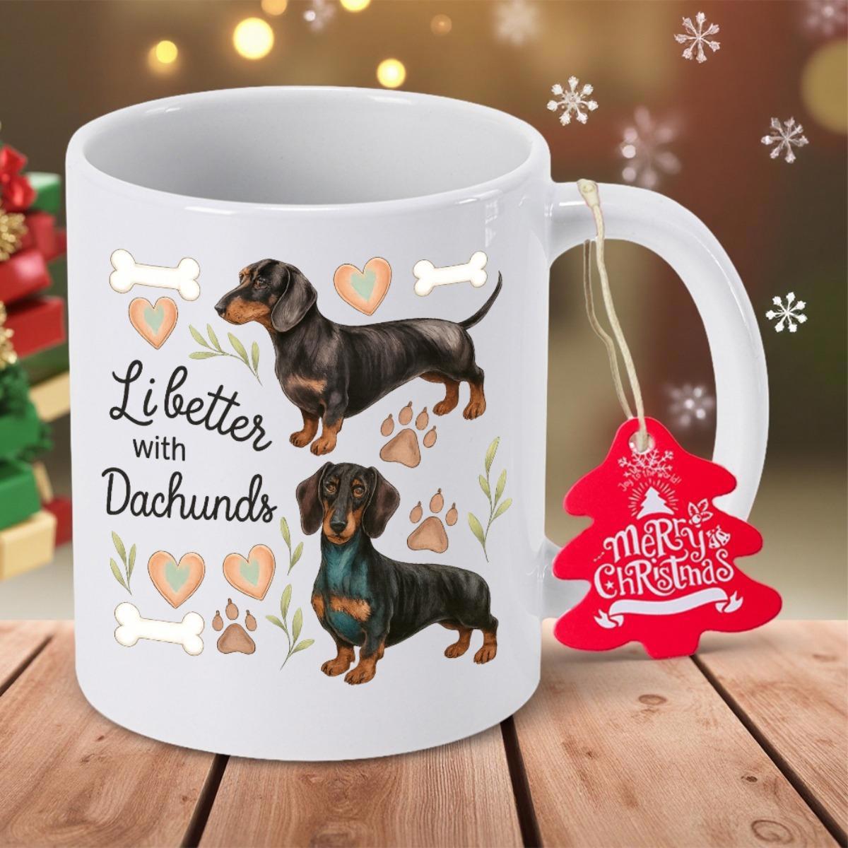 Tailorly White Ceramic 11 oz Mug - Life Is Better With Dachshunds Adorable Black And Tan Weiner Dogs Surrounded By Hearts And Bones Dachshund