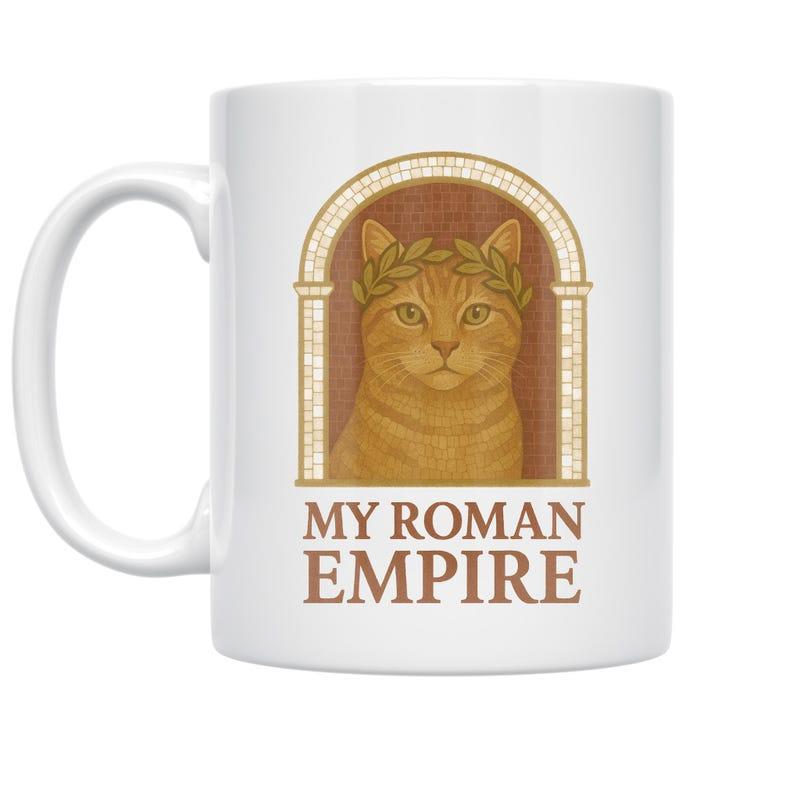 Tailorly White Ceramic 11 oz Mug - My Roman Empire Ginger Cat Wearing Laurel Wreath Inside A Classic Arched Frame Cat