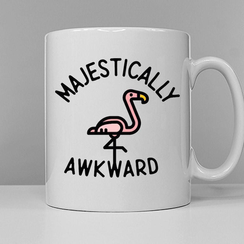 Tailorly White Ceramic 11 oz Mug - Majestically Awkward Simple Minimalist Pink Cartoon Bird Standing Gracefully Flamingo