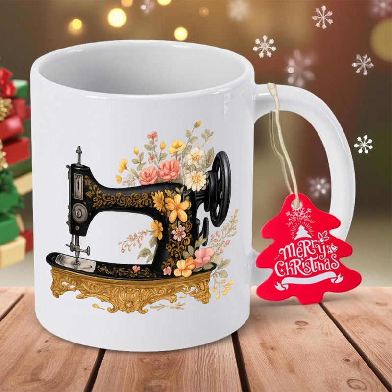 Tailorly White Ceramic 11 oz Mug - Vintage Black Iron With Delicate Floral Blossoms And Golden Ornaments Sewing Machine