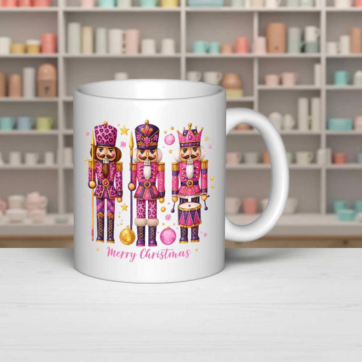 Tailorly White Ceramic 11 oz Mug - Merry Christmas Three Pink Decorative Soldiers Featuring Sparkling Golden Stars And Ornaments Nutcracker