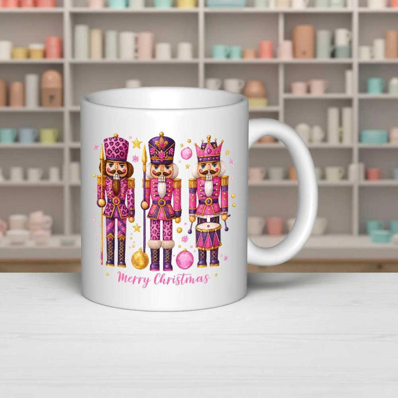 Tailorly White Ceramic 11 oz Mug - Merry Christmas Three Pink Decorative Soldiers Featuring Sparkling Golden Stars And Ornaments Nutcracker