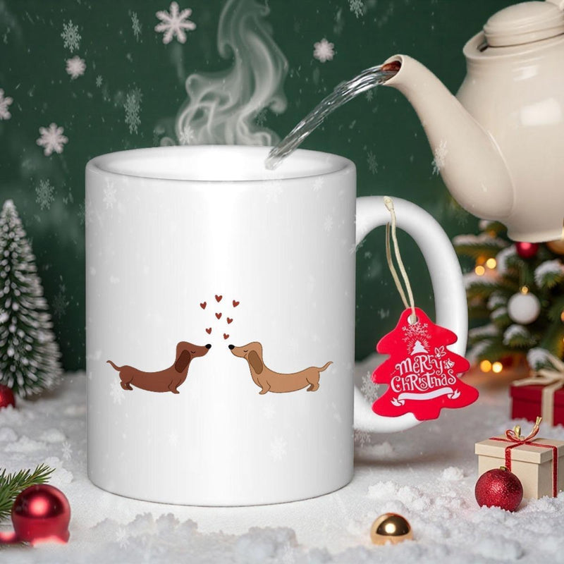 Tailorly White Ceramic 11 oz Mug - Merry Christmas Two Cute Wiener Dogs Sharing Love Under Floating Tiny Red Hearts Dachshund