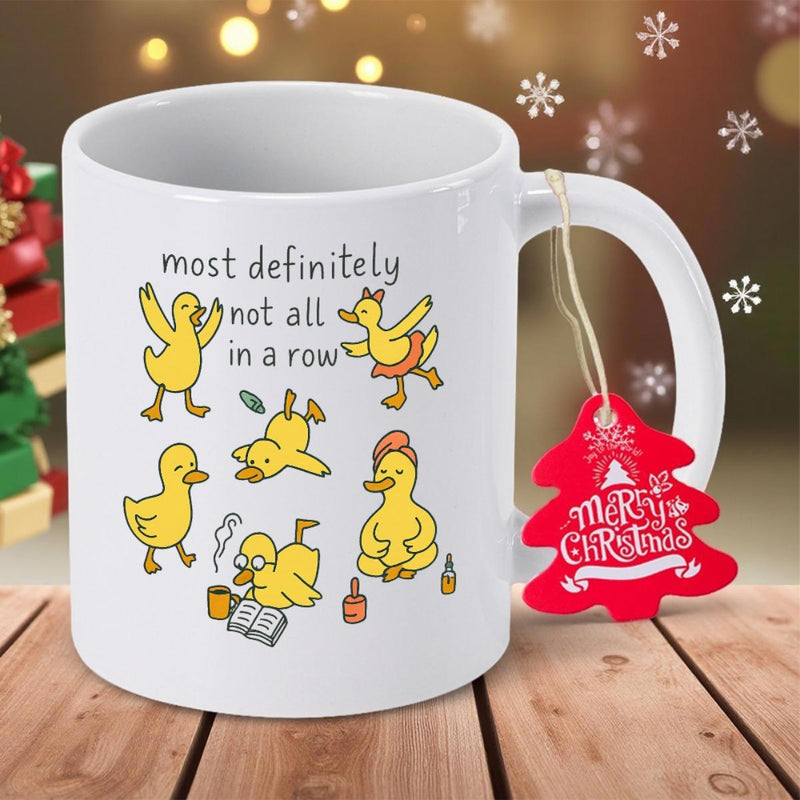 Tailorly White Ceramic 11 oz Mug - Most Definitely Not All In A Row Whimsical Yellow Cartoon Birds Enjoying Funny Yoga Poses And Reading Duck