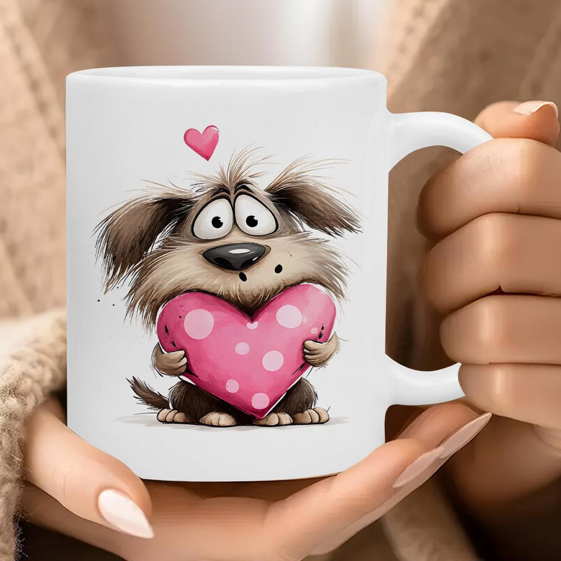 Tailorly White Ceramic 11 oz Mug - Adorable Scruffy Puppy Holding A Large Pink Polka Dot Heart Dog