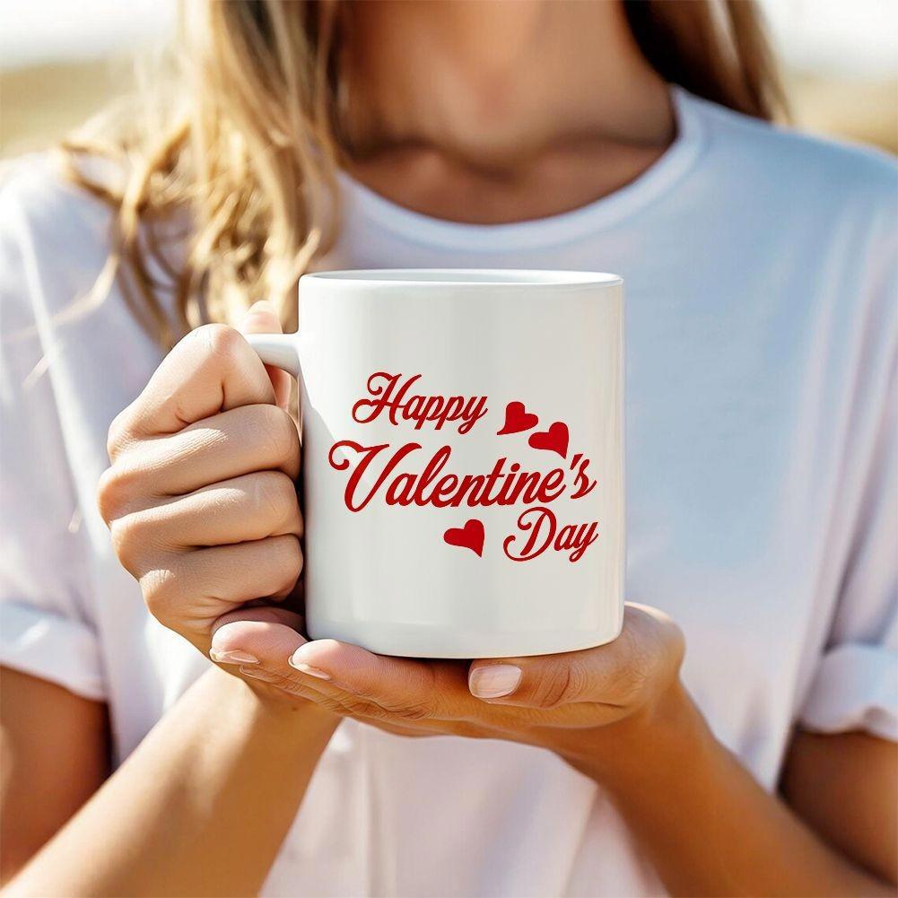 Tailorly White Ceramic 11 oz Mug - Happy Valentine's Day Elegant Red Hearts Scattered Around Delicate Cursive Script On A Ceramic Mug