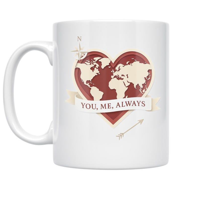 Tailorly White Ceramic 11 oz Mug - You Me Always Vintage Stylized World Map Set Inside Romantic Banner And Compass Heart