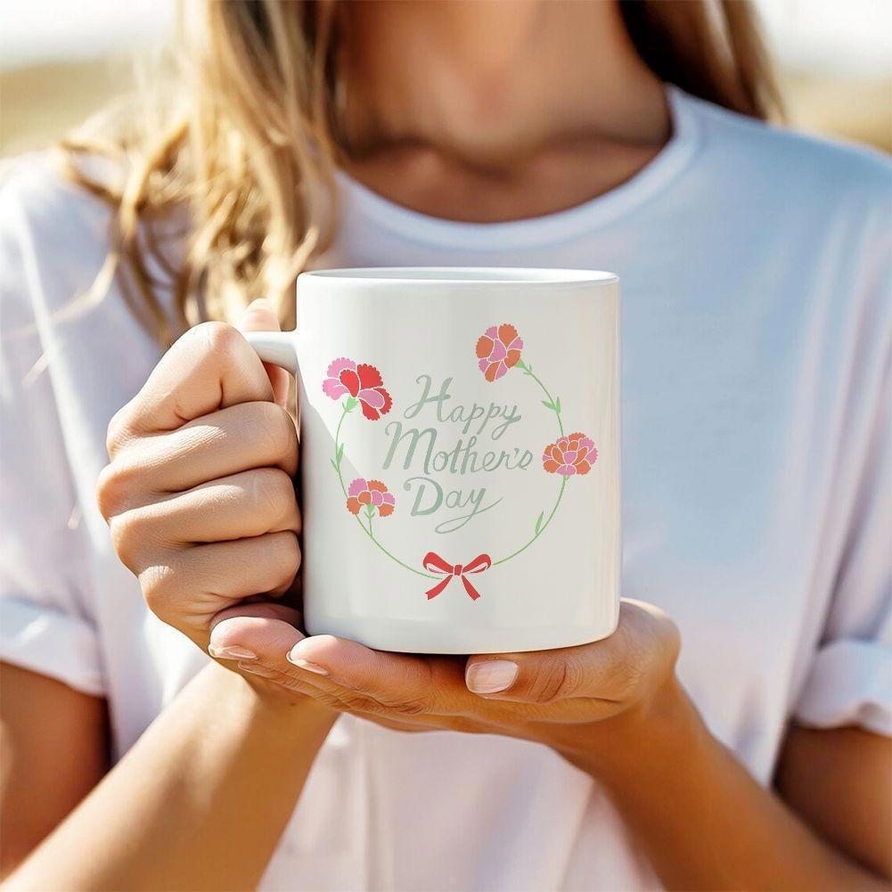 Tailorly White Ceramic 11 oz Mug - Happy Mother's Day Elegant Pink Carnations Arranged In A Wreath With Small Red Bow Carnation