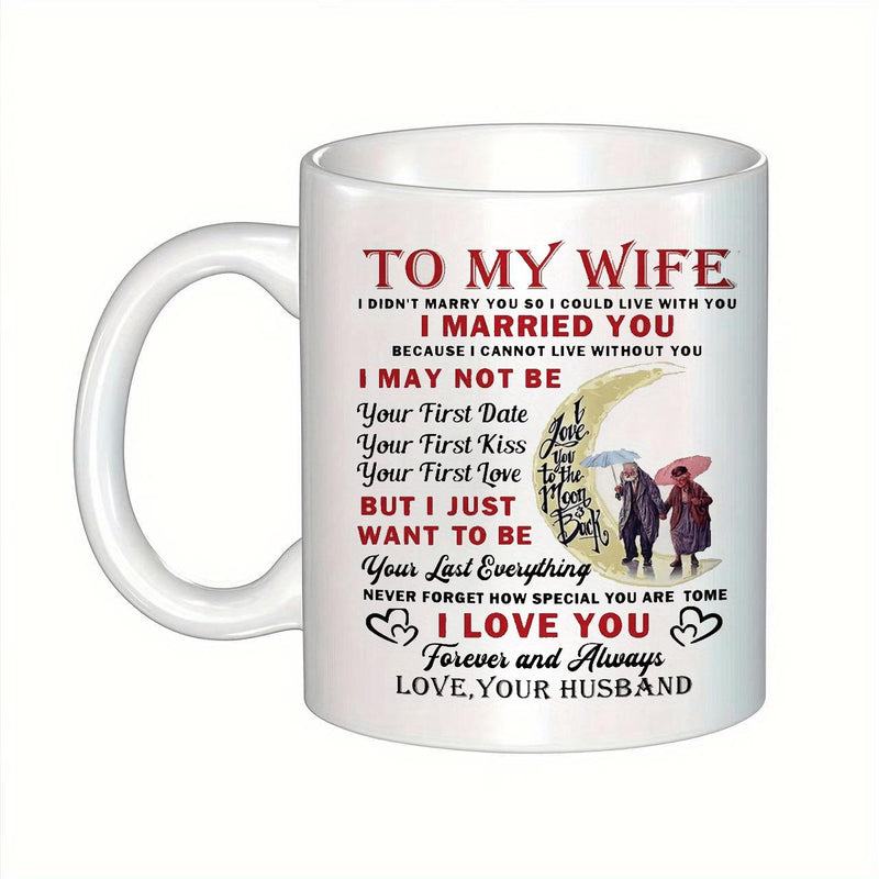 Tailorly White Ceramic 11 oz Mug - To My Wife I Love You Forever And Always Elderly Couple Walking Hand In Hand Under Umbrella Near A Crescent Moon Couple