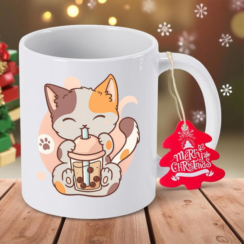 Tailorly White Ceramic 11 oz Mug - Merry Christmas Adorable Spotted Calico Sitting And Drinking Delicious Pearl Bubble Tea Boba Cat