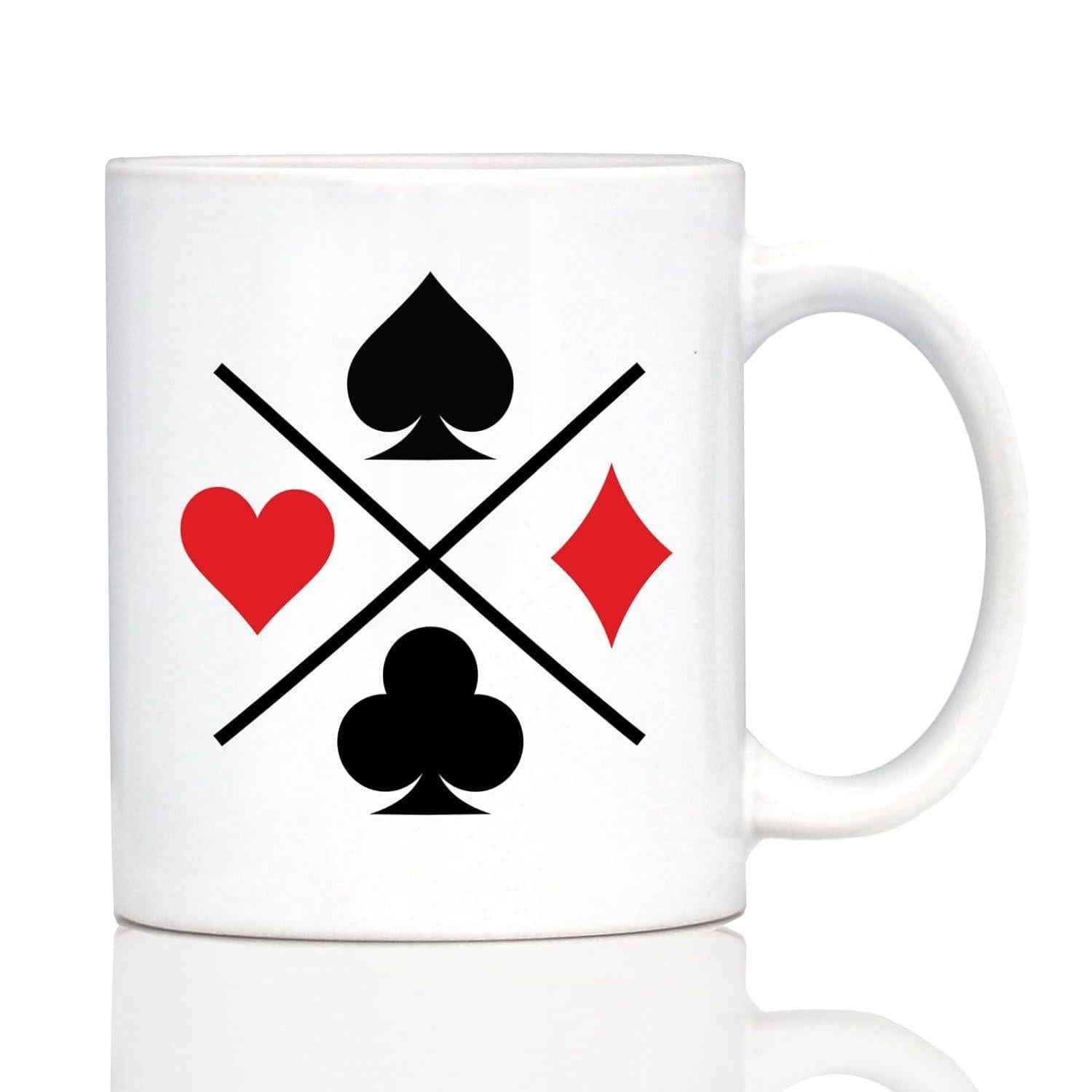 Tailorly White Ceramic 11 oz Mug - Minimalist Crossed Lines Featuring Classic Red And Black Playing Card Suits Playing Cards