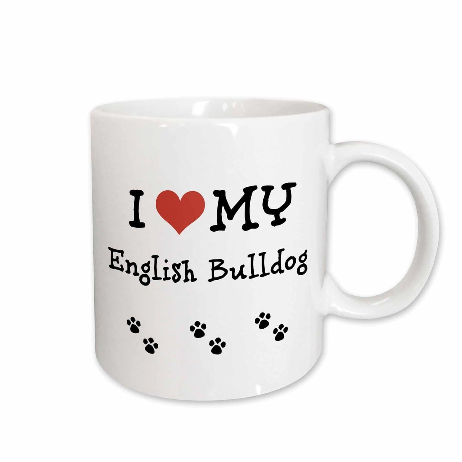Tailorly White Ceramic 11 oz Mug - I Love My English Bulldog Adorable Red Heart Combined With Small Black Dog Paw Prints Bulldog