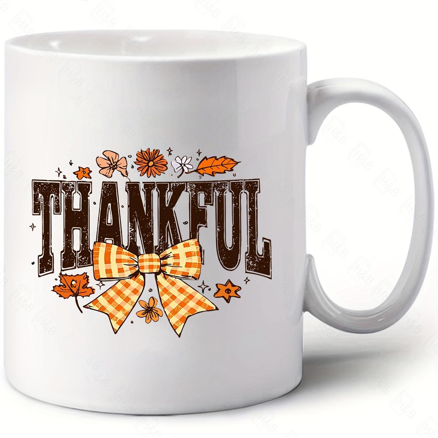 Tailorly White Ceramic 11 oz Mug - Thankful Rustic Autumn Flowers With An Orange Gingham Ribbon Style Bow