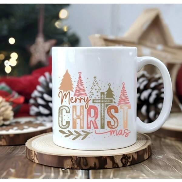 Tailorly White Ceramic 11 oz Mug - Merry Christmas Festive Collection Of Stylized Earth Tone Patterns On Elegant Holiday Tree