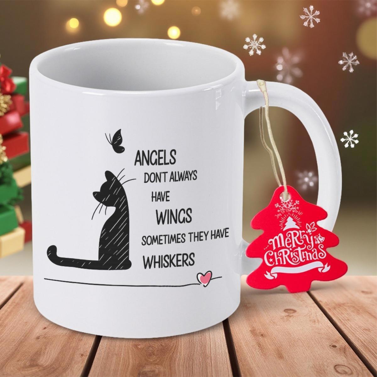 Tailorly White Ceramic 11 oz Mug - Angels Dont Always Have Wings Sometimes They Have Whiskers Simple Black Cat Silhouette Staring At Fluttering Butterfly Near