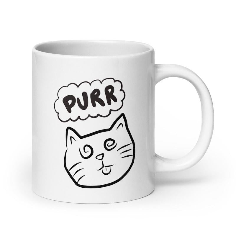 Tailorly White Ceramic 11 oz Mug - Purr Simple Hand Drawn Sketchy Line Art With Spiral Eyes And Tongue Cat