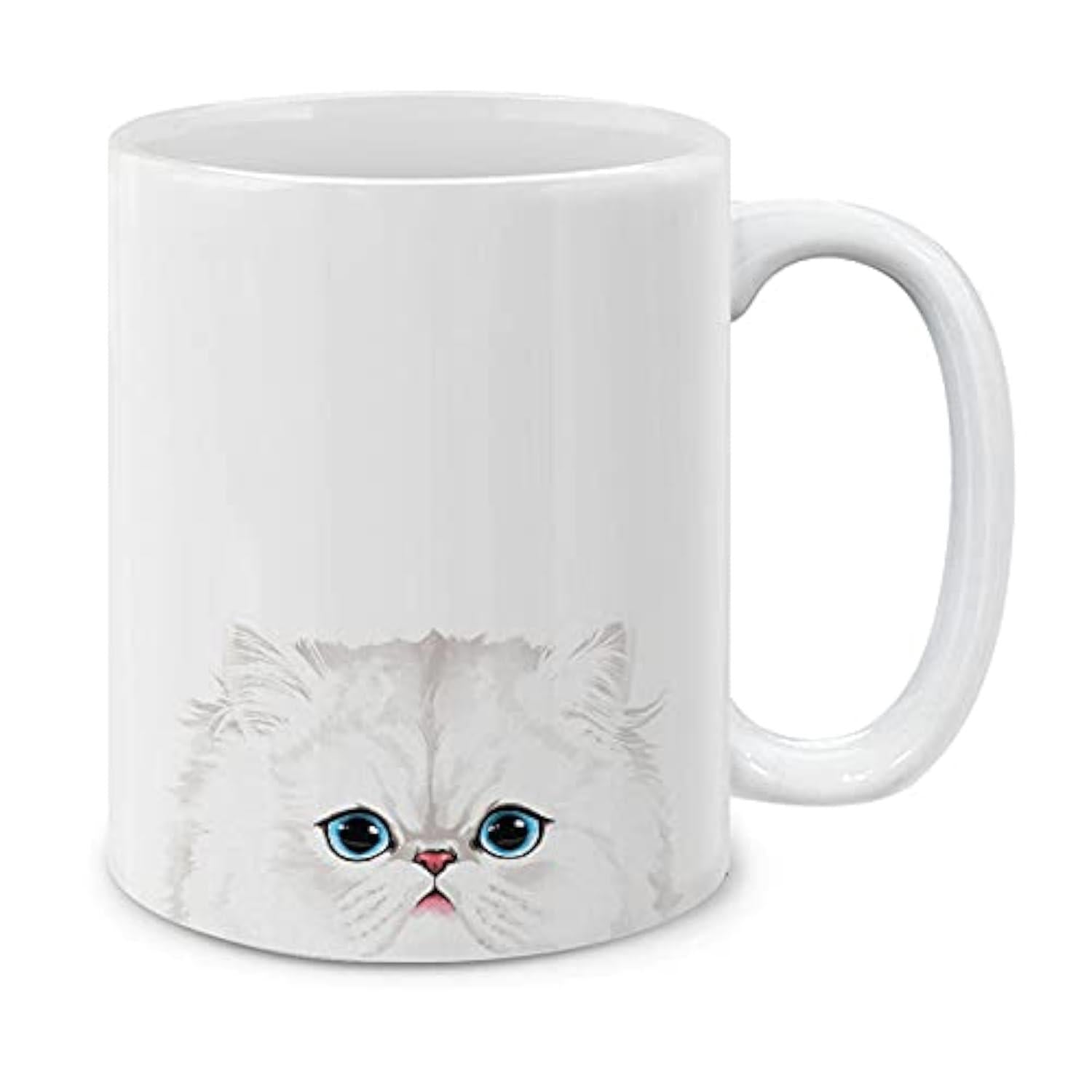 Tailorly White Ceramic 11 oz Mug - Fluffy White Feline With Large Blue Eyes In Gentle Watercolor Style Cat
