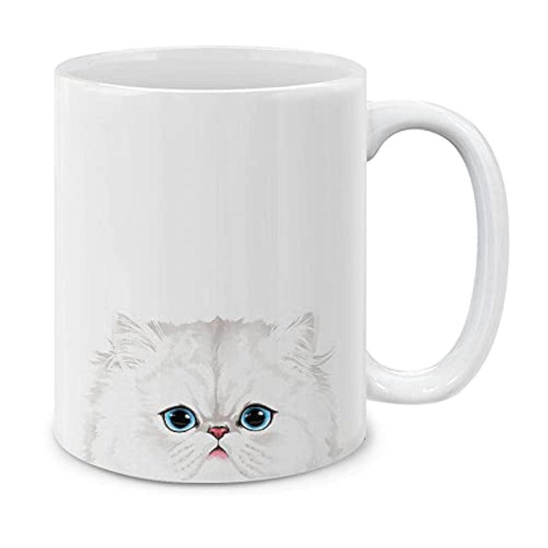 Tailorly White Ceramic 11 oz Mug - Fluffy White Feline With Large Blue Eyes In Gentle Watercolor Style Cat