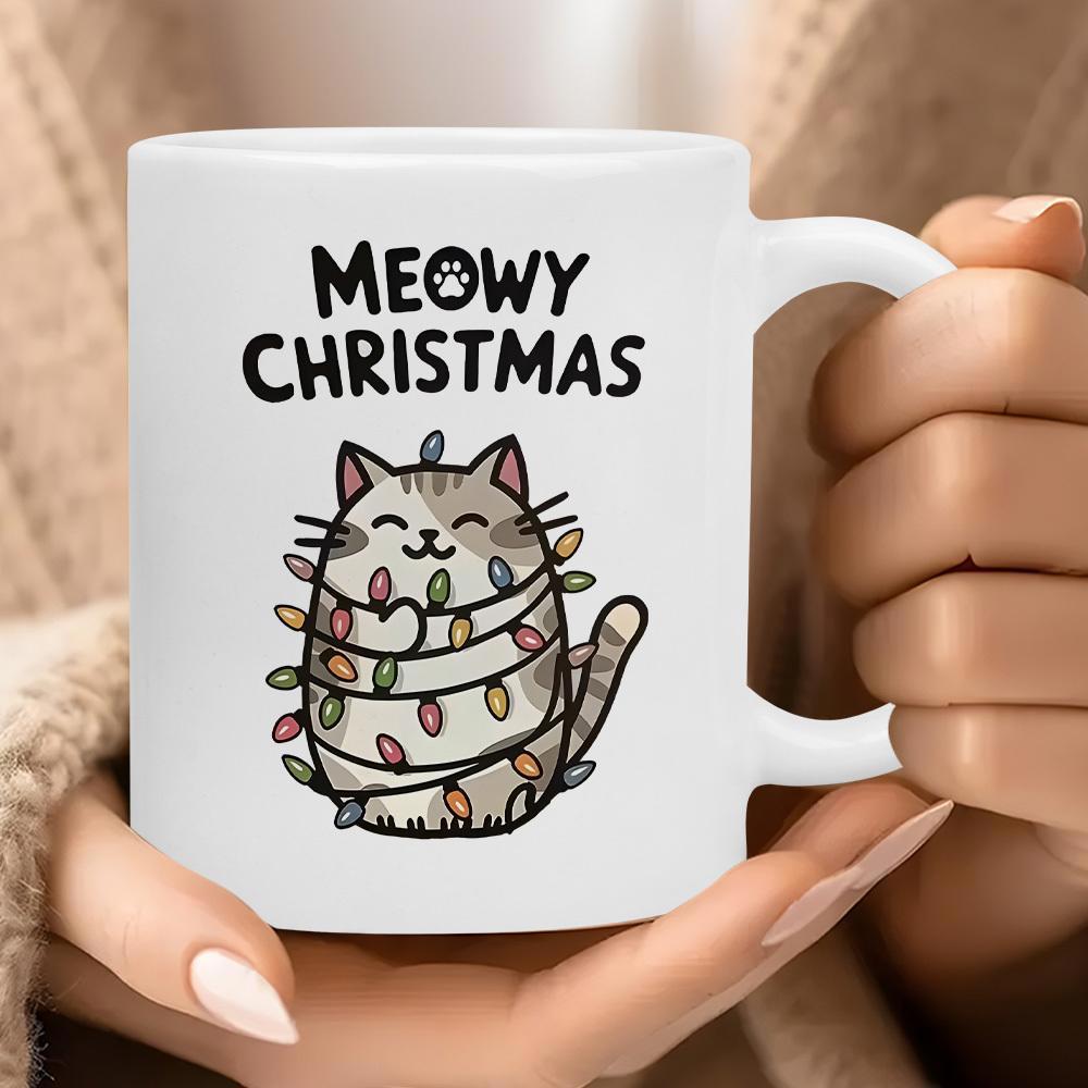 Tailorly White Ceramic 11 oz Mug - Meowy Christmas Adorable Chubby Kitten Wrapped In Glowing Festive Holiday Fairy Lights Cat