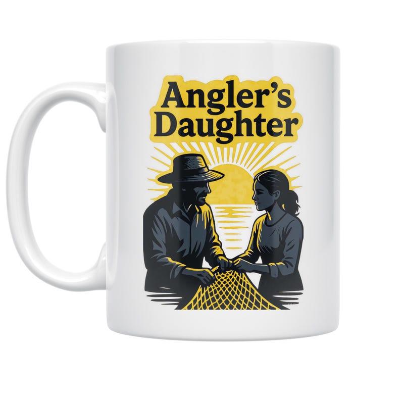Tailorly White Ceramic 11 oz Mug - Anglers Daughter Vintage Scene Of Father And Daughter Fishing During Golden Sunrise Daughter