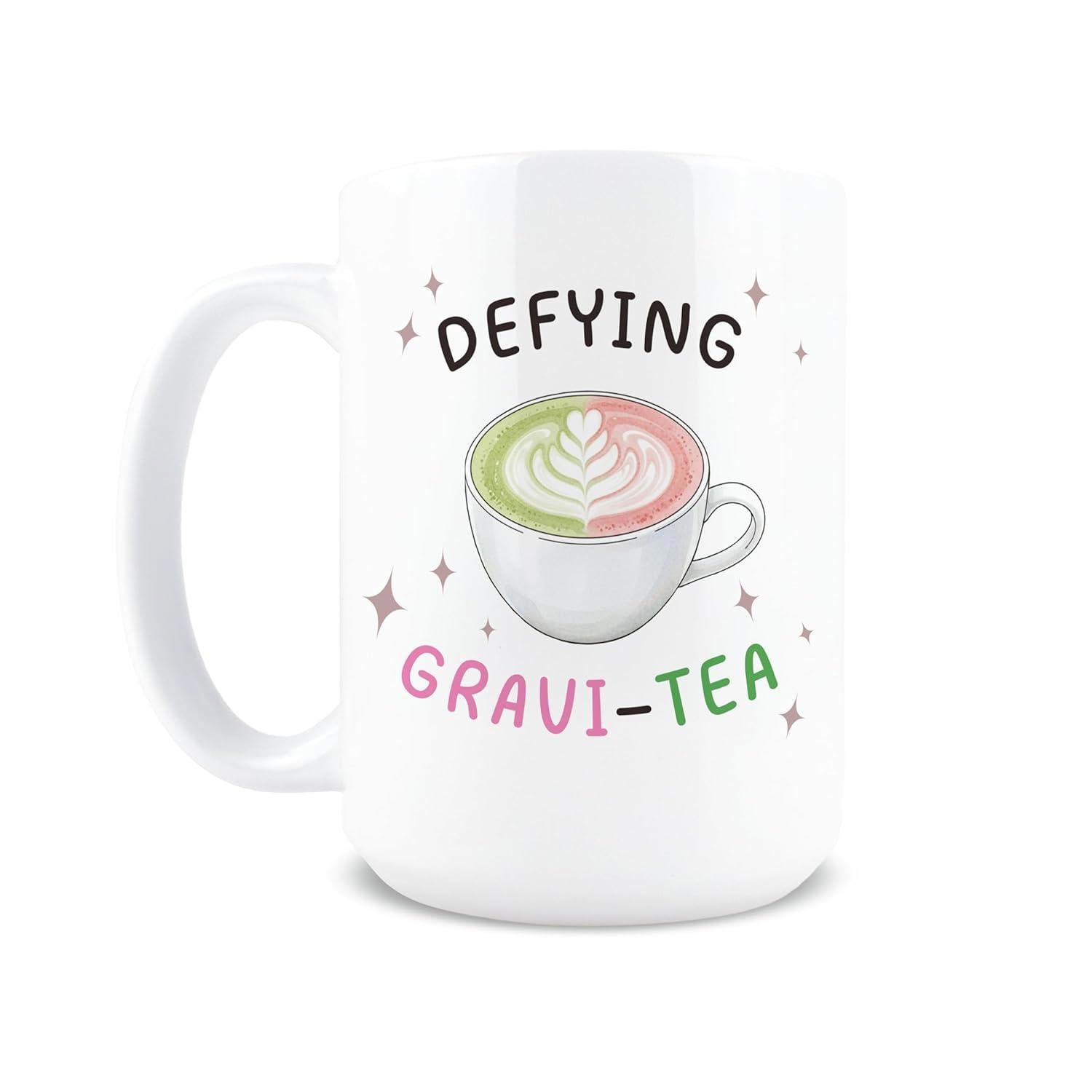 Tailorly White Ceramic 11 oz Mug - Defying Gravi Tea Charming Pastel Matcha Latte Floating Among Twinkling Magic Stars Teacup