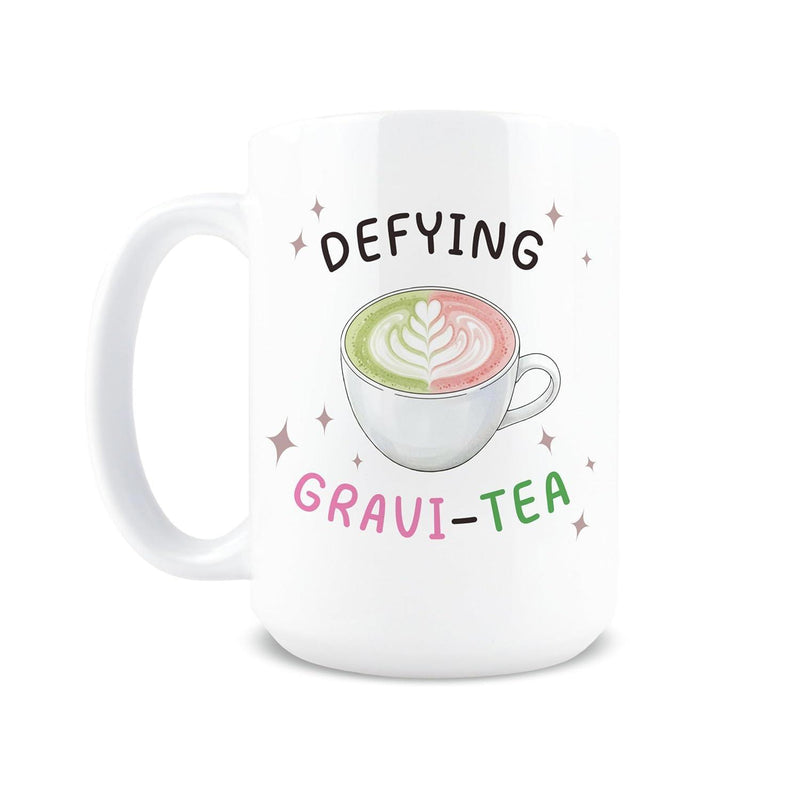Tailorly White Ceramic 11 oz Mug - Defying Gravi Tea Charming Pastel Matcha Latte Floating Among Twinkling Magic Stars Teacup
