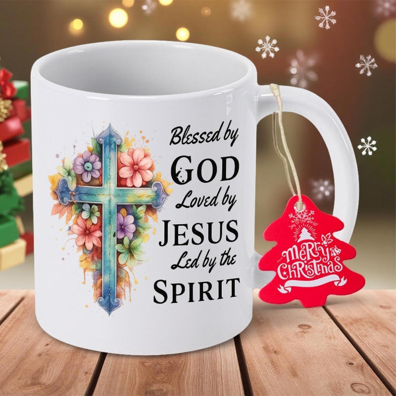 Tailorly White Ceramic 11 oz Mug - Blessed By God Loved By Jesus Led By The Spirit Artistic Watercolor Textures Among Vibrant Sacred Blooming Flowers Cross