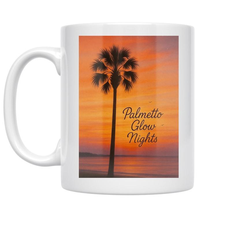 Tailorly White Ceramic 11 oz Mug - Palmetto Glow Nights Vibrant Orange Sunset Sky Reflecting Over Calm Ocean Palm Tree