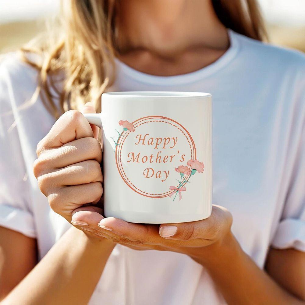 Tailorly White Ceramic 11 oz Mug - Happy Mother's Day Elegant Rose Gold Circular Frame Decorated With Delicate Pink Carnations