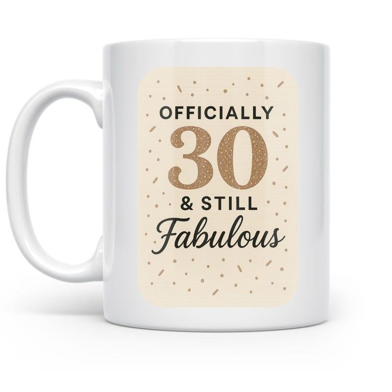 Tailorly White Ceramic 11 oz Mug - Officially 30 Still Fabulous Elegant Golden Celebration Pattern With Glittering Confetti Background Plaque