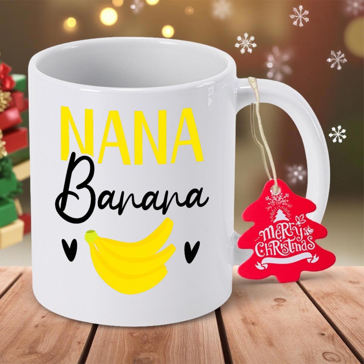 Tailorly White Ceramic 11 oz Mug - Nana Banana Bright Yellow Tropical Fruit With Small Black Hearts Banana