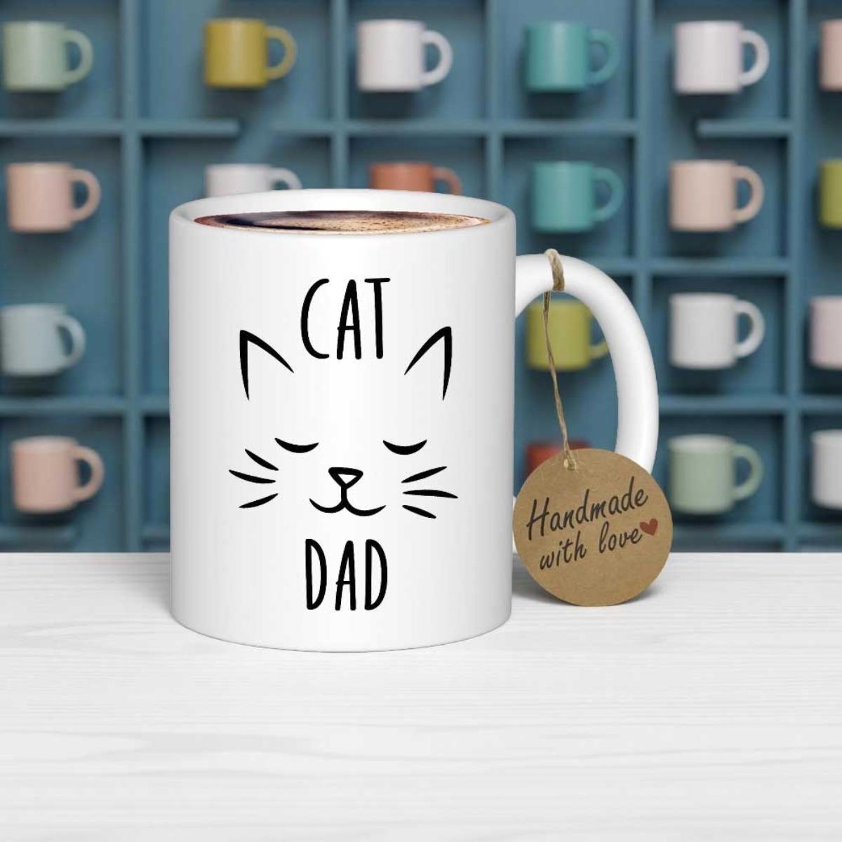 Tailorly White Ceramic 11 oz Mug - Cat Dad Minimalist Black Line Sketch Of A Cute Feline Cat