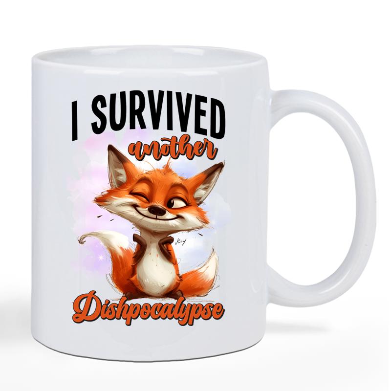 Tailorly White Ceramic 11 oz Mug - I Survived Another Dishpocalypse Stylized Cartoon Fox With Mischievous Grin Sitting Amidst Soft Glowing Light Fox