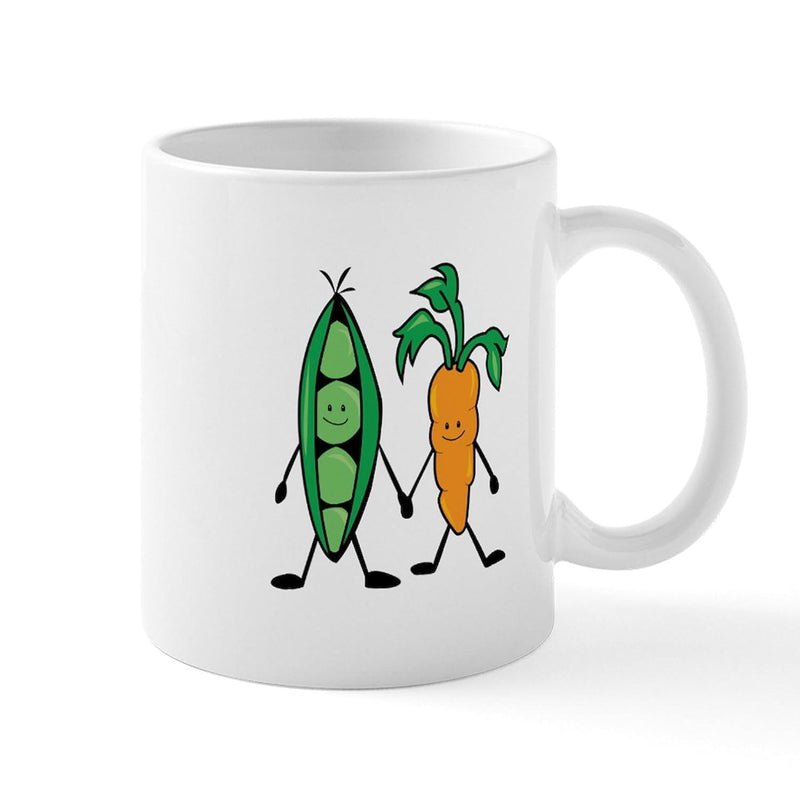 Tailorly White Ceramic 11 oz Mug - Hand Drawn Cute Carrot And Pea Pod Holding Hands Friendship Vegetables