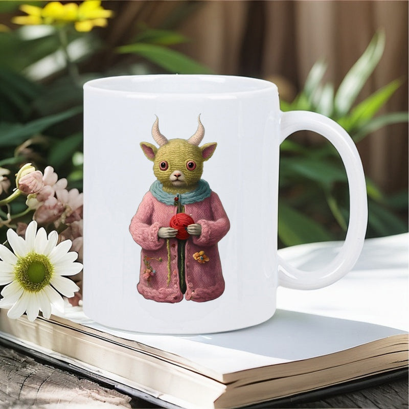 Tailorly White Ceramic 11 oz Mug - Cute Anthropomorphic Animal Wearing Pink Woolen Coat Holding Red Yarn Ball Creature