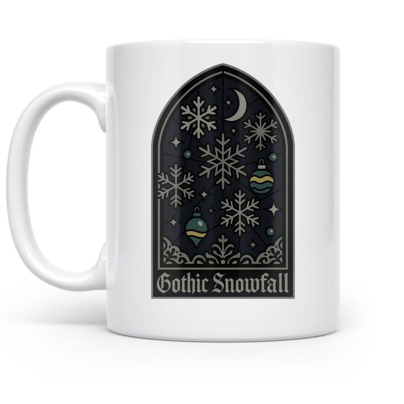 Tailorly White Ceramic 11 oz Mug - Gothic Snowfall Gothic Arched Frame With Celestial Moon And Delicate Crystalline Winter Snowflakes Window