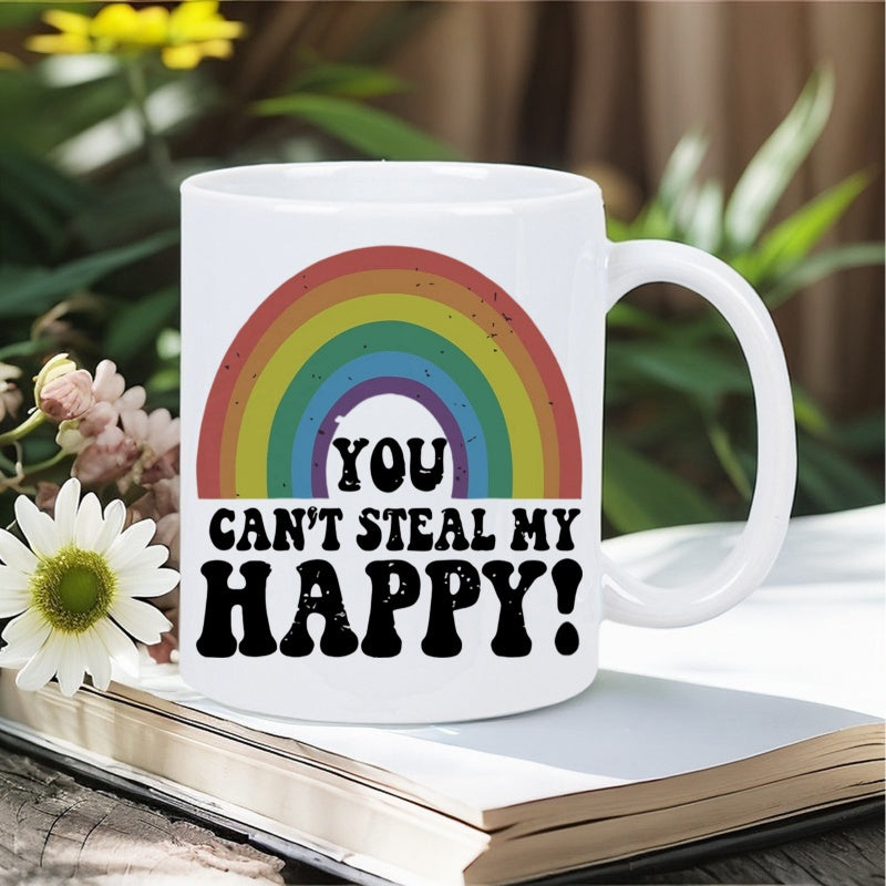 Tailorly White Ceramic 11 oz Mug - You Cant Steal My Happy Vibrant Multi Colored Arches With Retro Distressed Texture On White Ceramic Rainbow