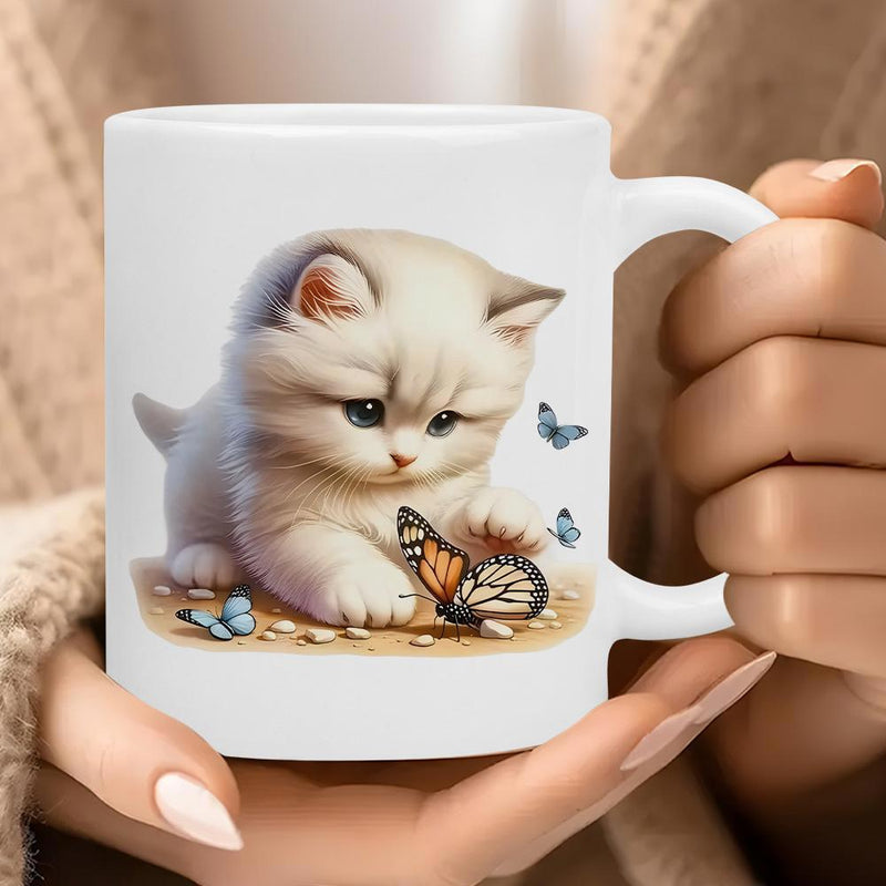 Tailorly White Ceramic 11 oz Mug - Adorable Fluffy White Cat Playing With Small Butterflies In Nature Kitten