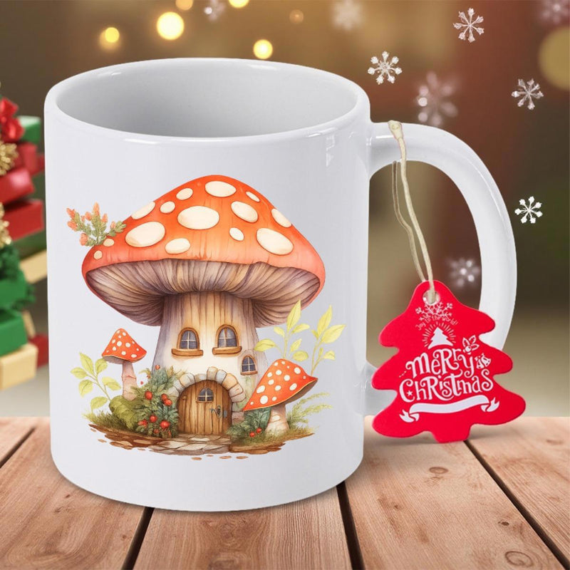 Tailorly White Ceramic 11 oz Mug - Merry Christmas Enchanting Woodland Fairy Tale Cottage Shaped Like A Red Spotted Mushroom
