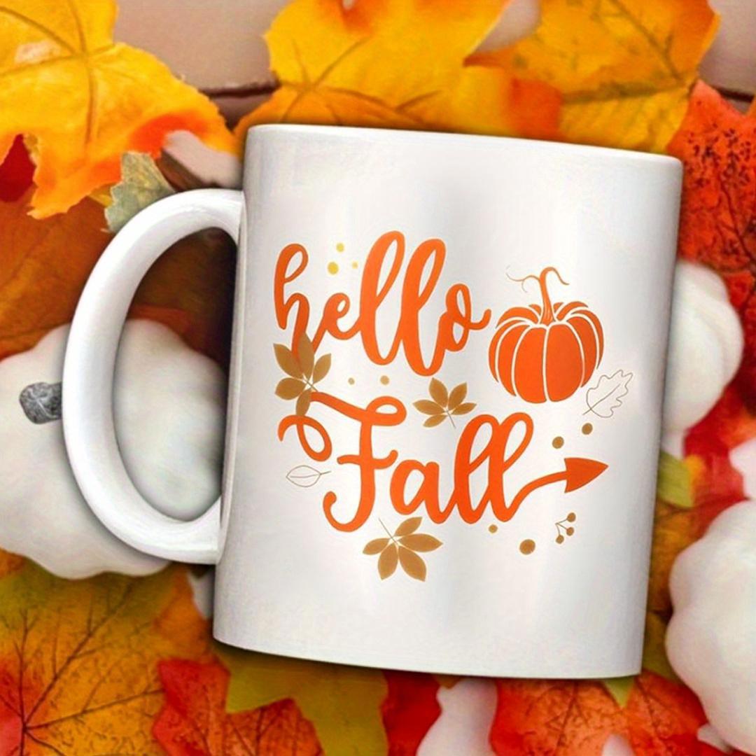 Tailorly White Ceramic 11 oz Mug - Hello Fall Rustic Orange Harvest Theme Featuring Scattered Leaves And Detailed Pumpkin