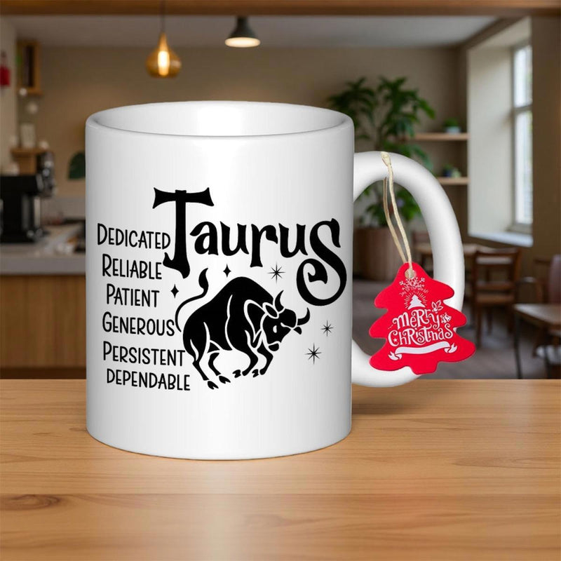 Tailorly White Ceramic 11 oz Mug - Taurus Dedicated Reliable Patient Generous Persistent Dependable Powerful Silhouette Of A Charging Zodiac Sign Surrounded By