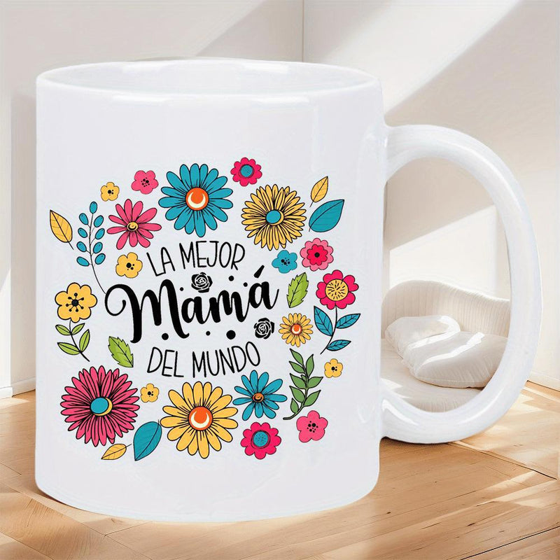 Tailorly White Ceramic 11 oz Mug - Colorful Vibrant Garden Blossoms Arranged In A Circular Decorative Floral Pattern Flower